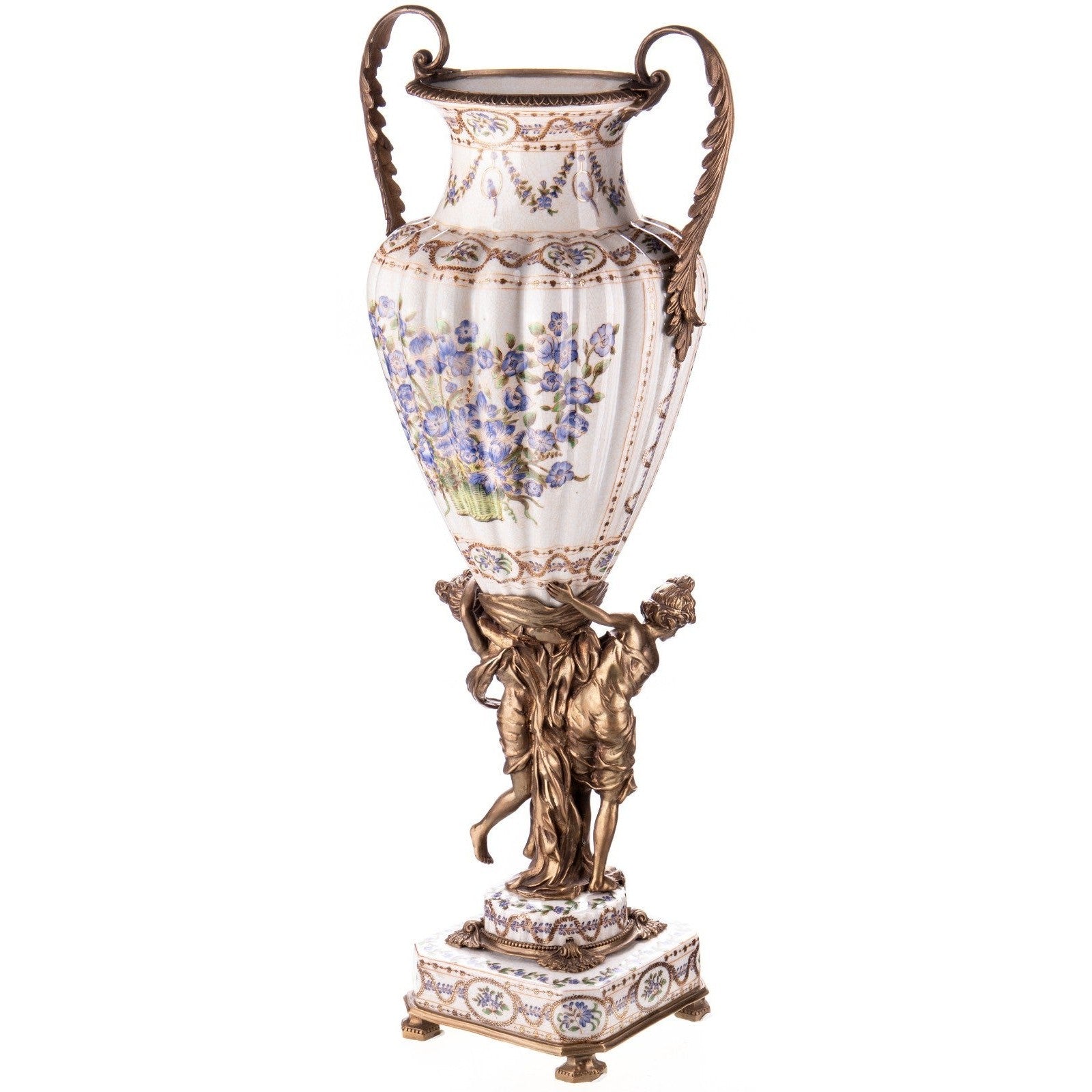 Large Porcelain Vase with Blue Floral Design and Bronze Figural Base