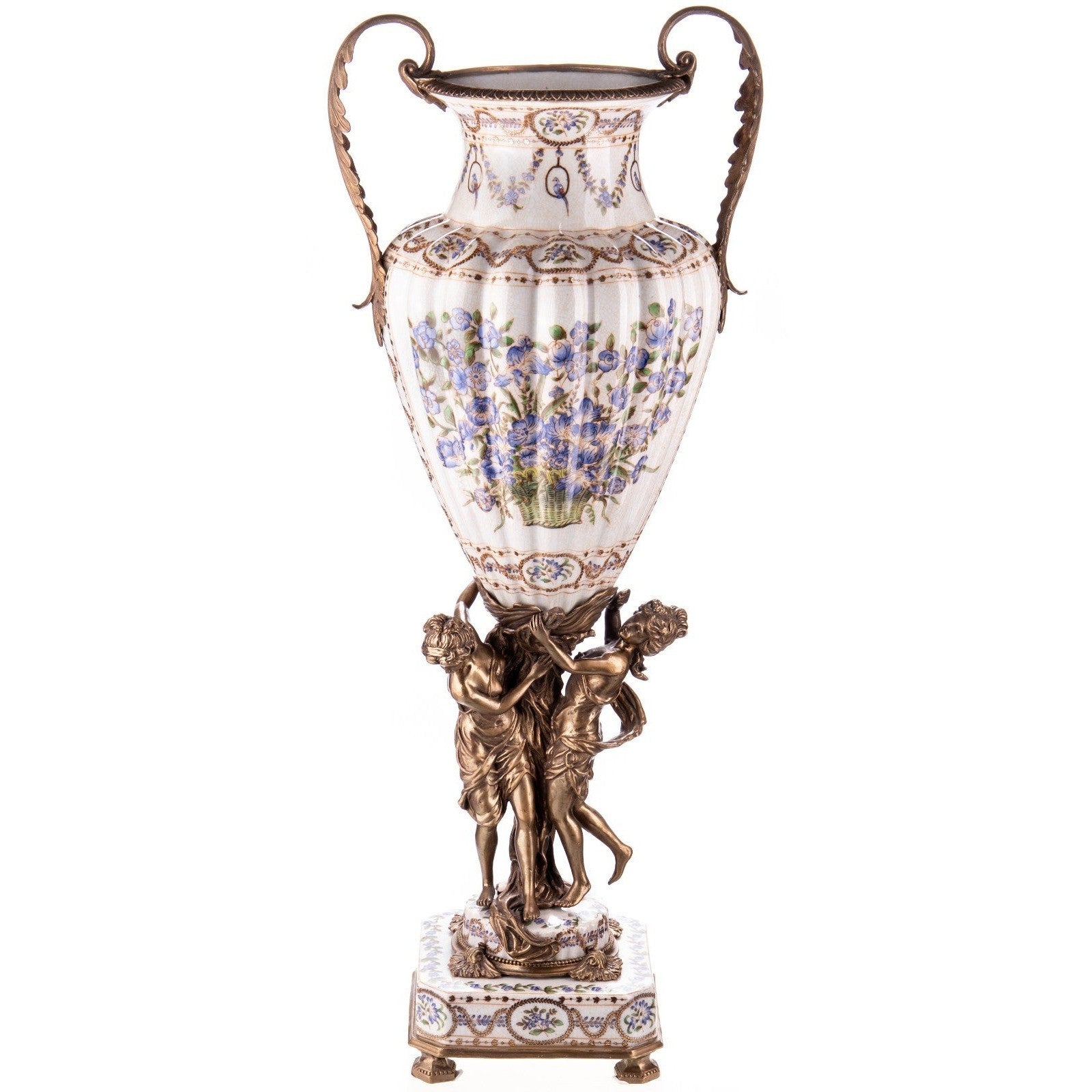 Large Porcelain Vase with Blue Floral Design and Bronze Figural Base