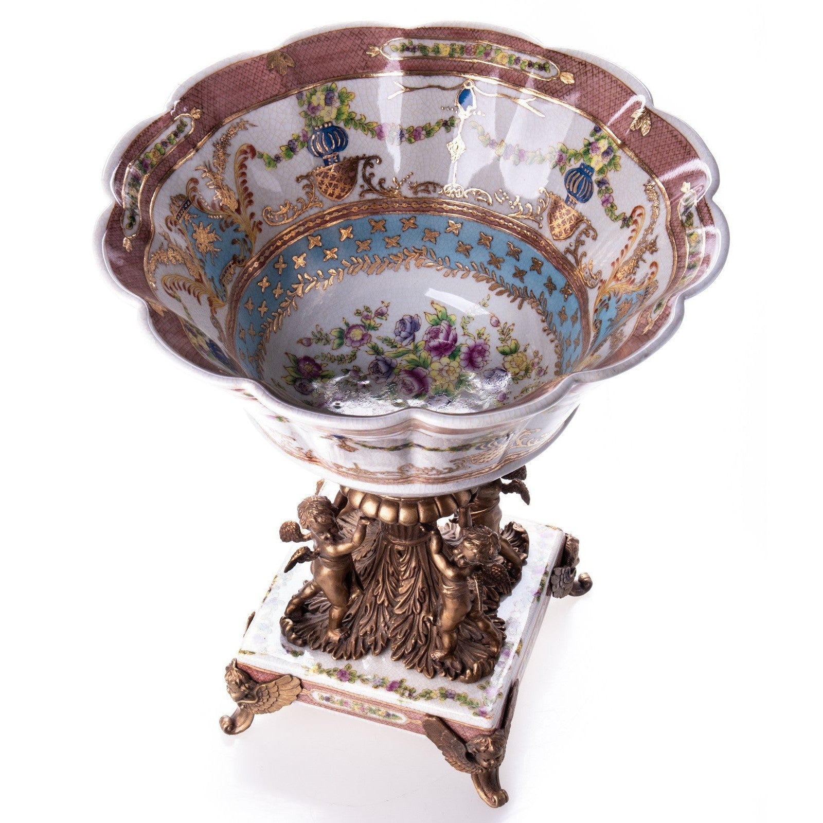 Large Porcelain and Bronze Centerpiece Bowl with Cherub Base