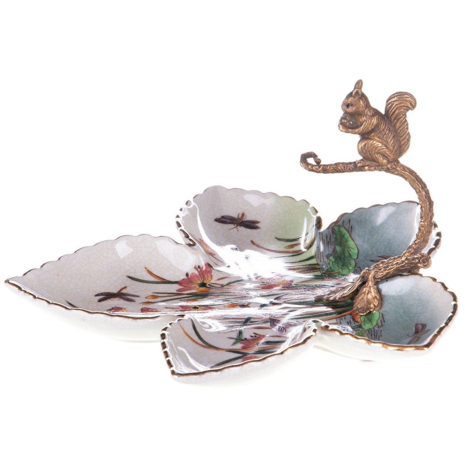 Leaf-Shaped Porcelain Dish with Bronze Squirrel Figure, Animal Sculptu