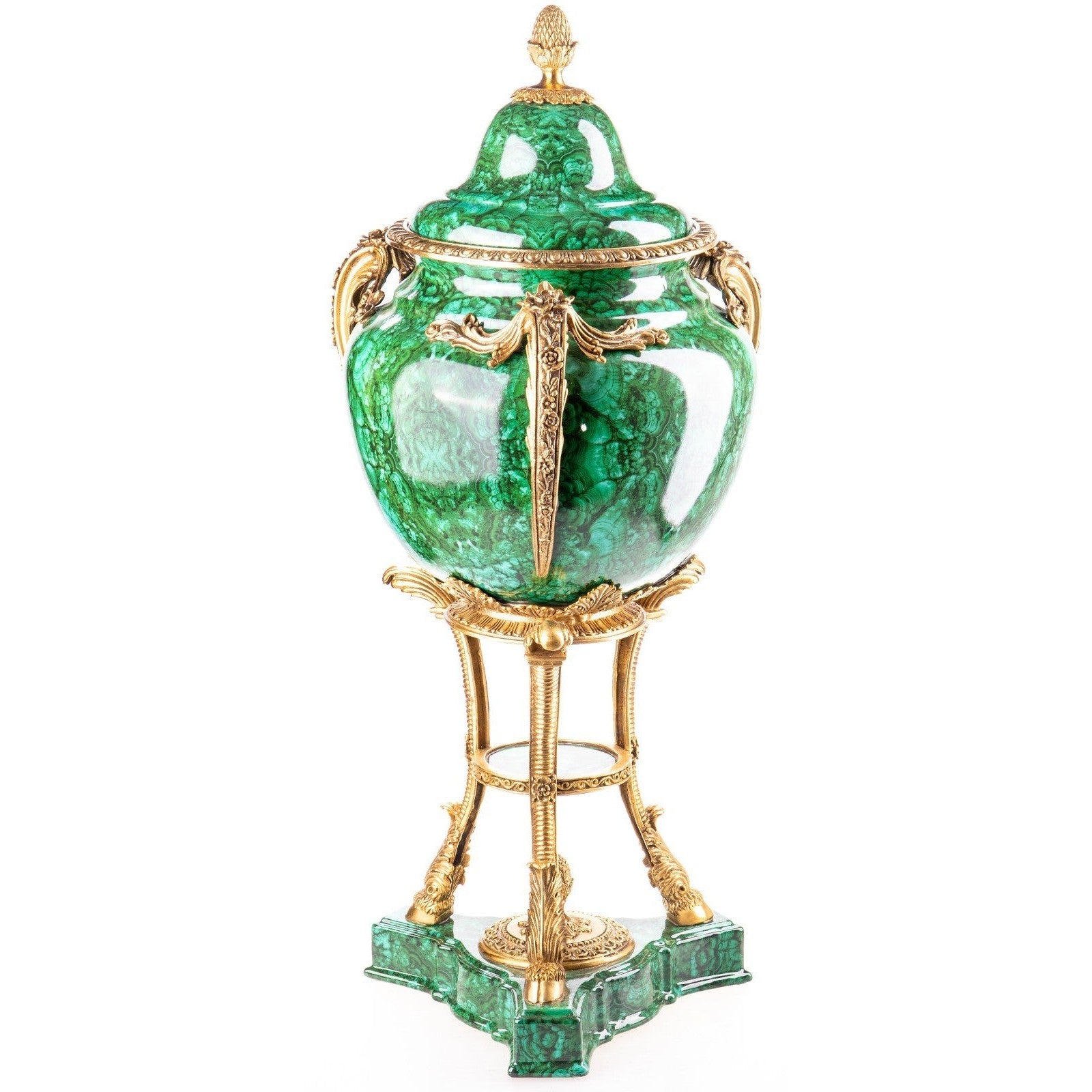 Lidded Malachite-Colored Urn on Ornate Gilded Pedestal | Vases & Bowls