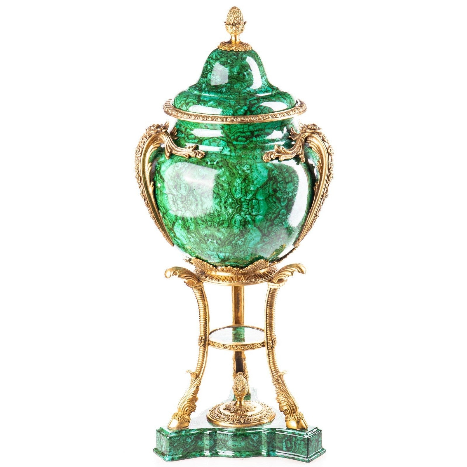Lidded Malachite-Colored Urn on Ornate Gilded Pedestal | Vases & Bowls