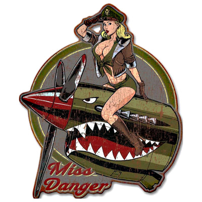Embossed Tin Sign Pin Up "Miss Danger" | Handcrafted Home Decor