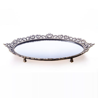 Oval tray made of enamelled pewter and gemstones with a mirror base
