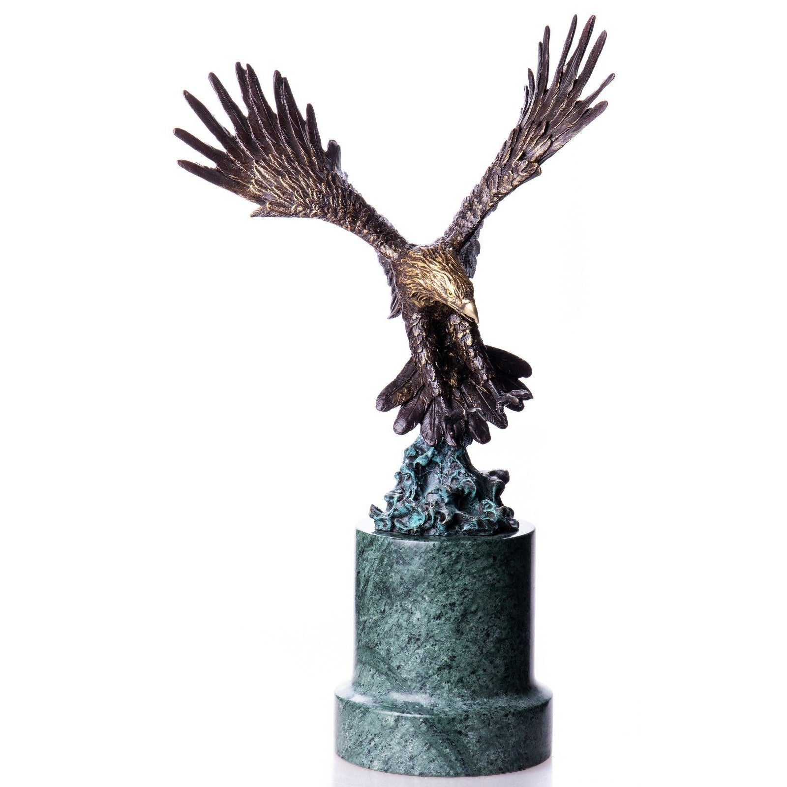 Majestic Bronze Eagle Sculpture on Green Marble Base, Animal Sculpture