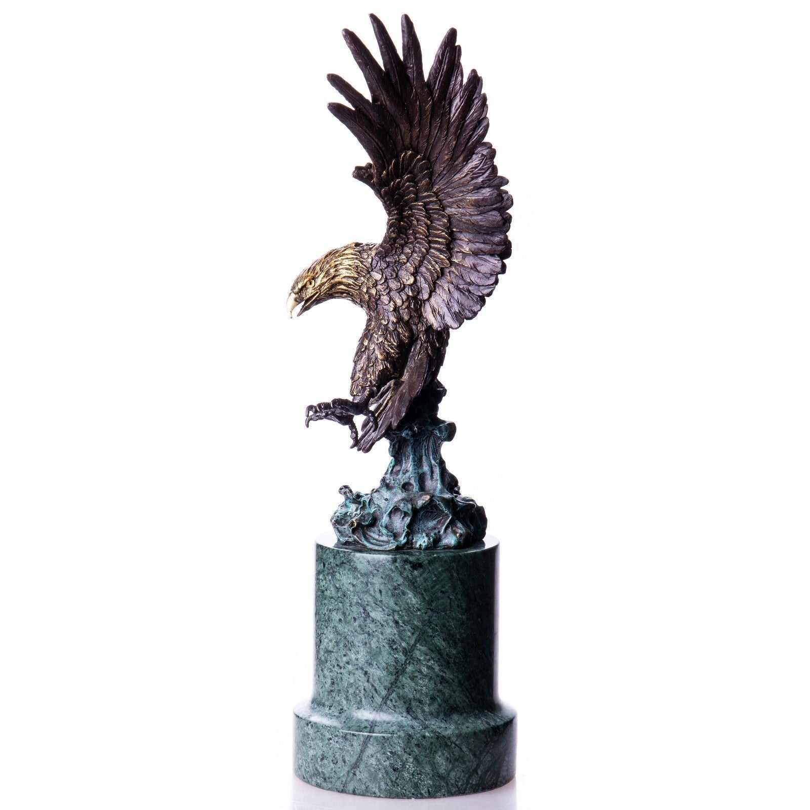 Majestic Bronze Eagle Sculpture on Green Marble Base, Animal Sculpture