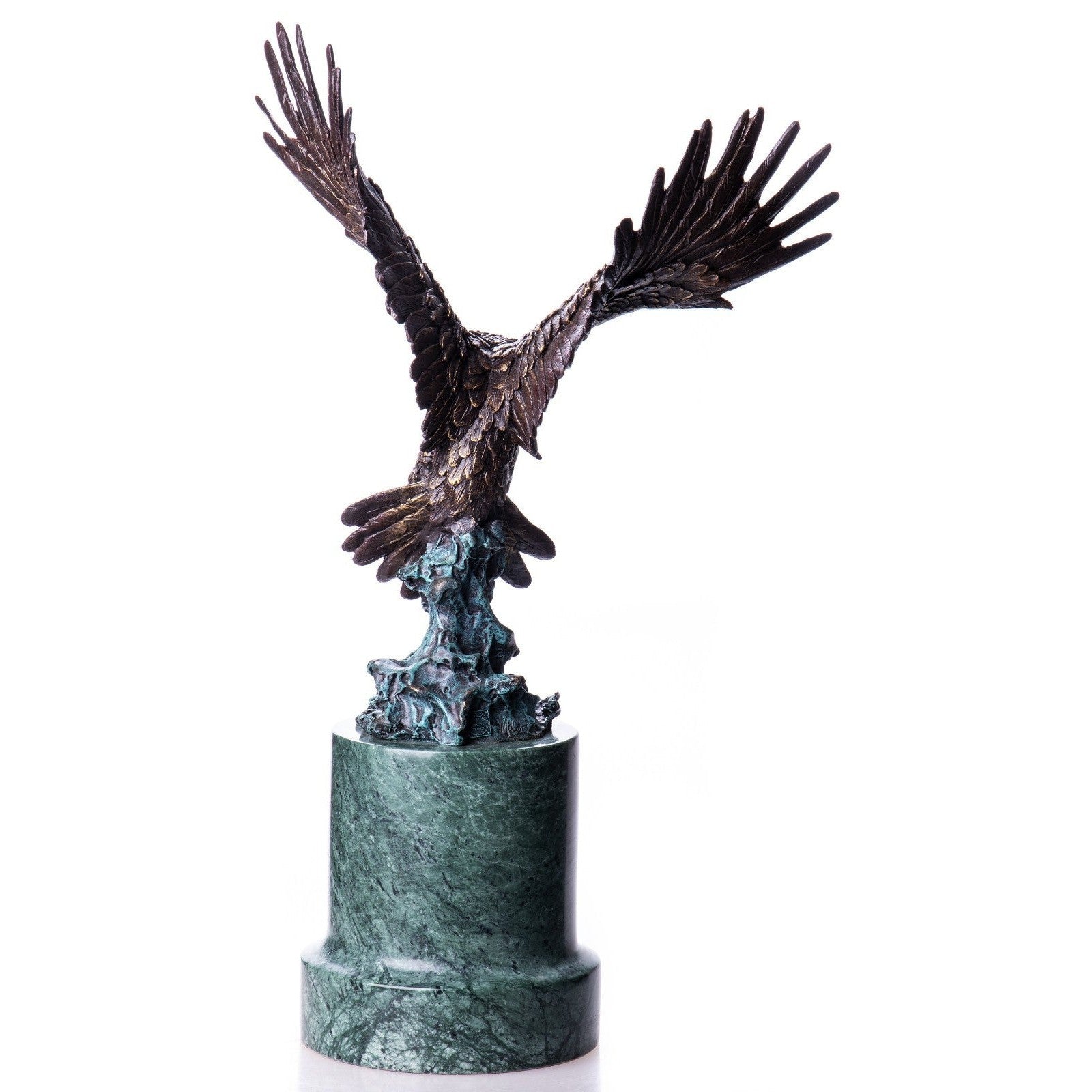 Majestic Bronze Eagle Sculpture on Green Marble Base, Animal Sculpture
