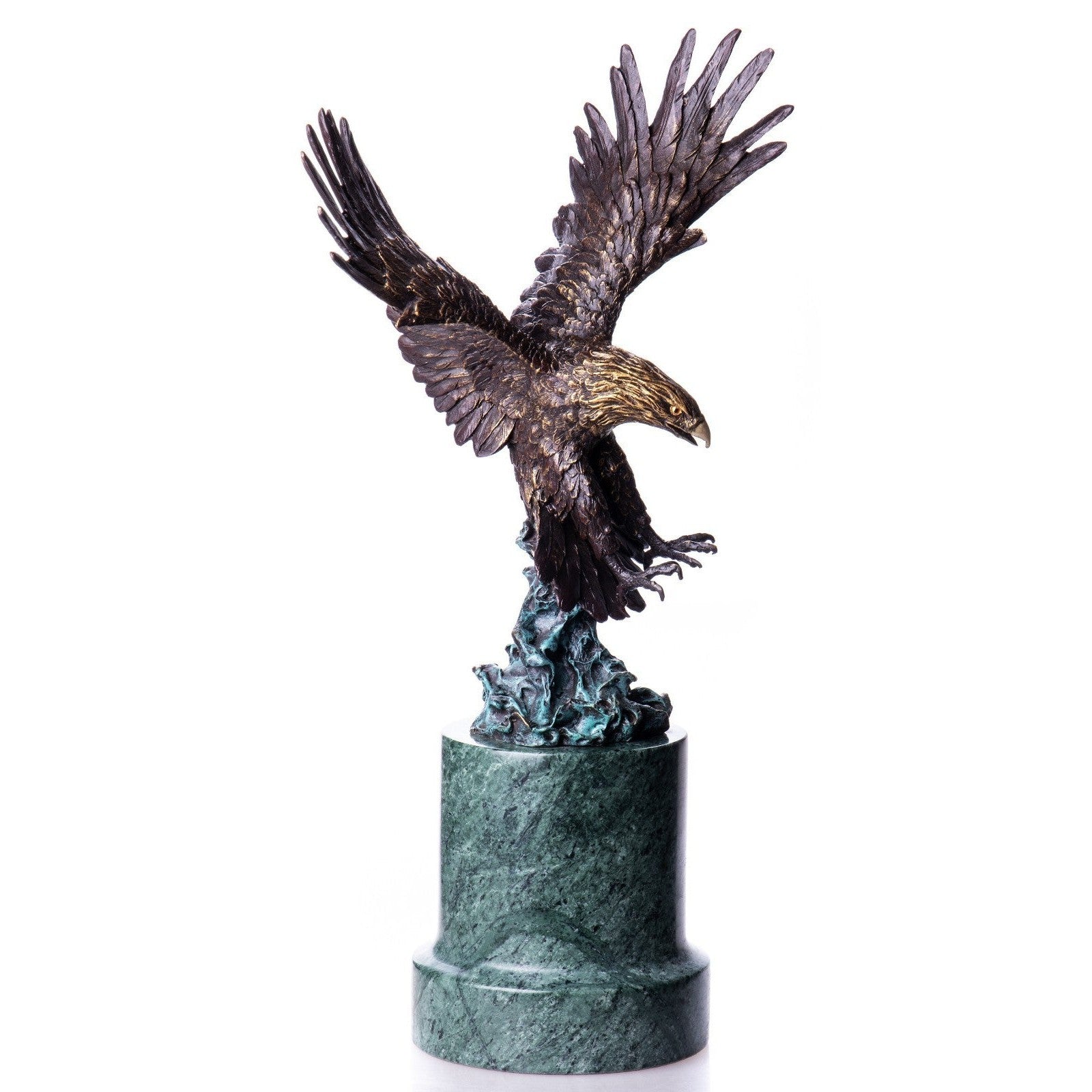 Majestic Bronze Eagle Sculpture on Green Marble Base, Animal Sculpture
