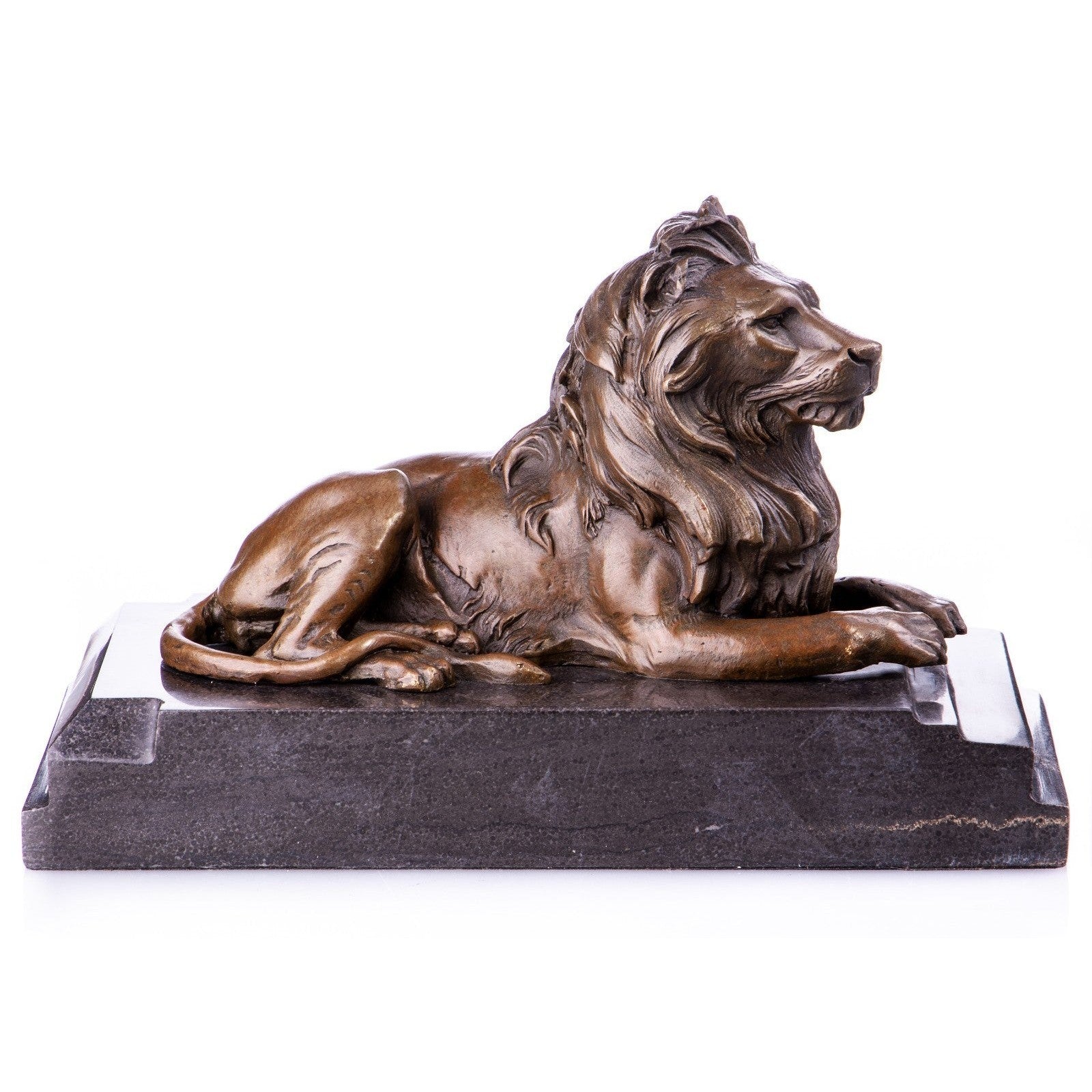 Majestic Resting Lion Bronze Sculpture on Stone Base, Animal Sculpture