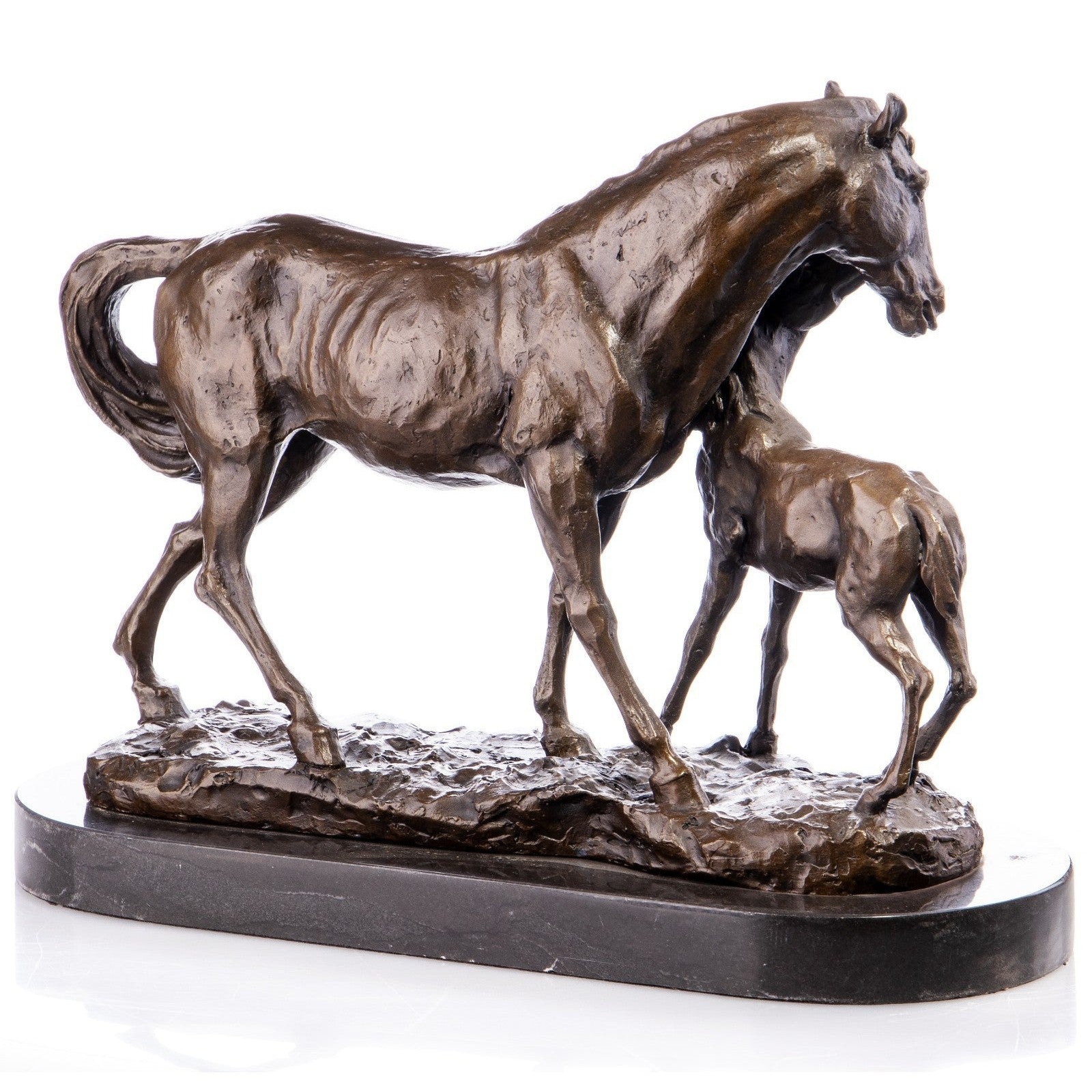 Mare and Foal Bronze Horse Sculpture on Marble Base, Animal Sculptures