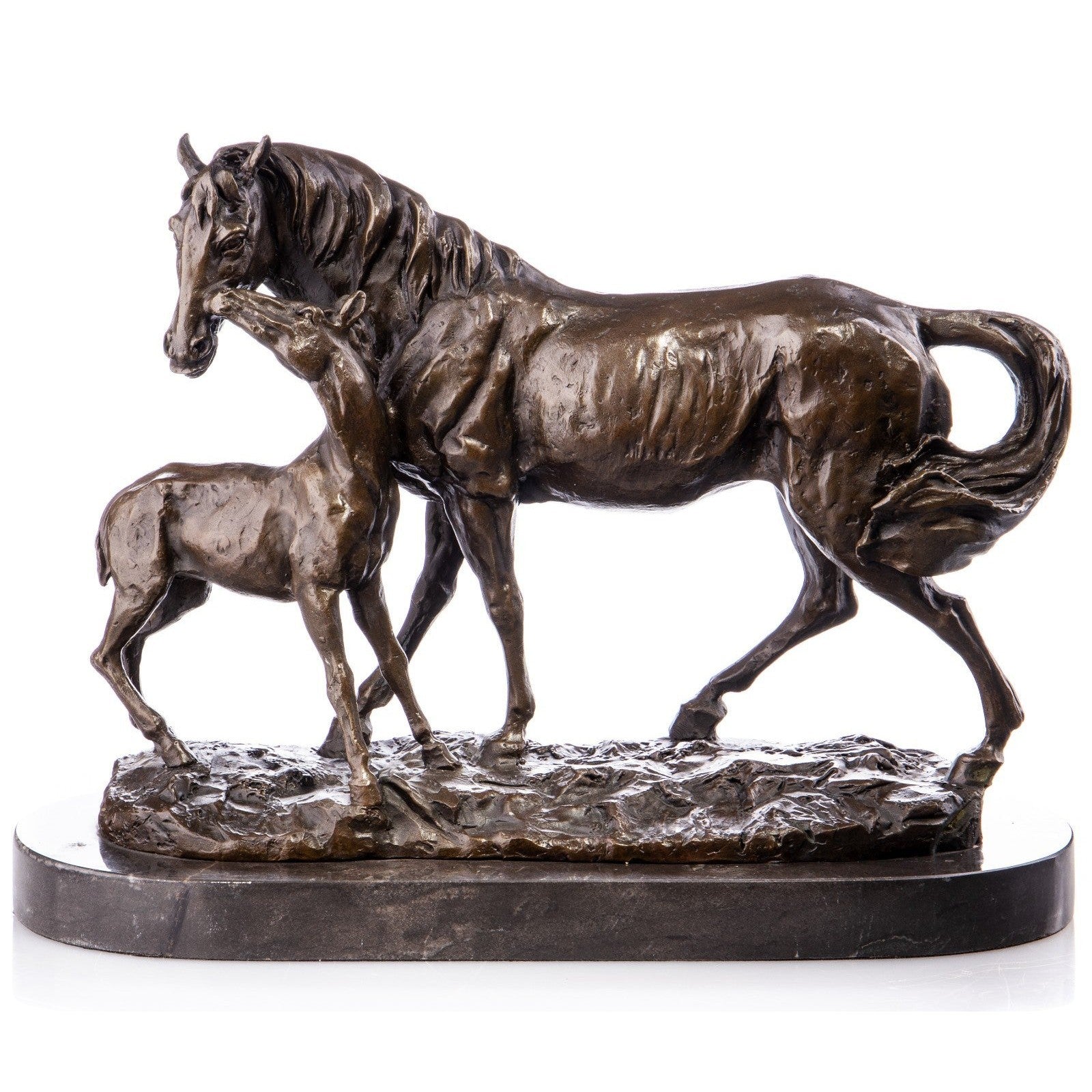 Mare and Foal Bronze Horse Sculpture on Marble Base, Animal Sculptures