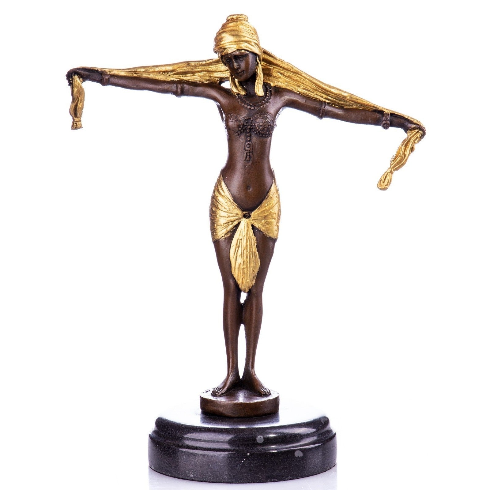 Oriental Dancer with Golden Veil Art Deco Bronze Sculpture