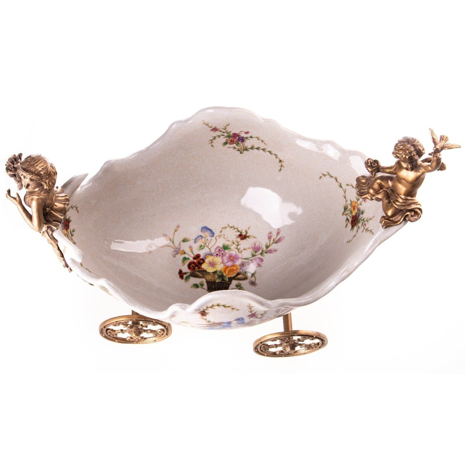 Ornamental Porcelain Bowl on Wheels with Cherub and Floral Motifs