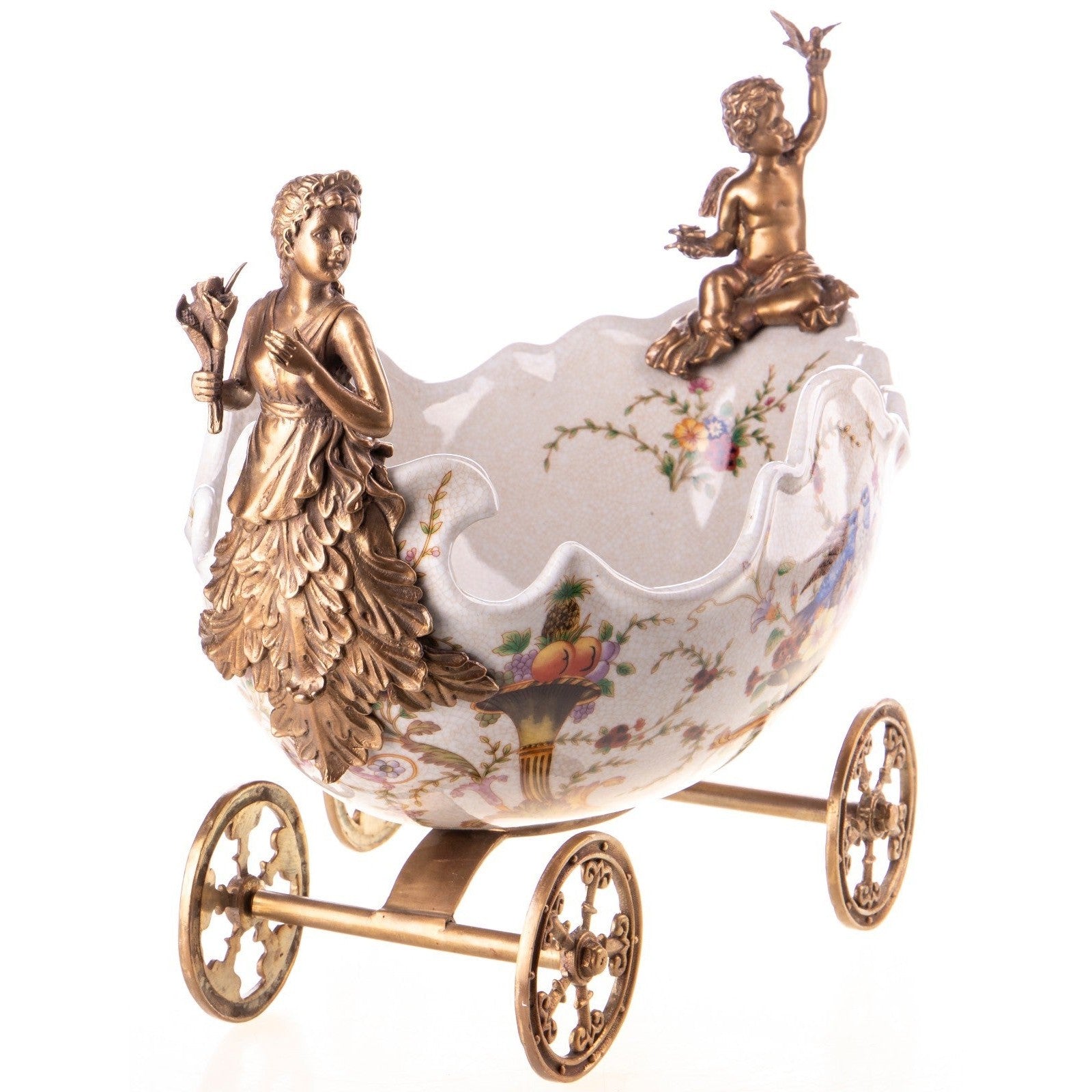 Ornamental Porcelain Bowl on Wheels with Cherub and Floral Motifs
