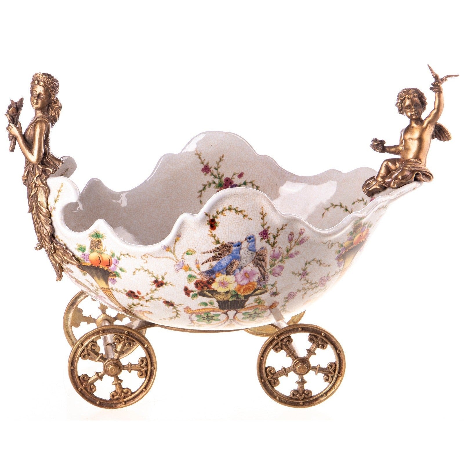 Ornamental Porcelain Bowl on Wheels with Cherub and Floral Motifs