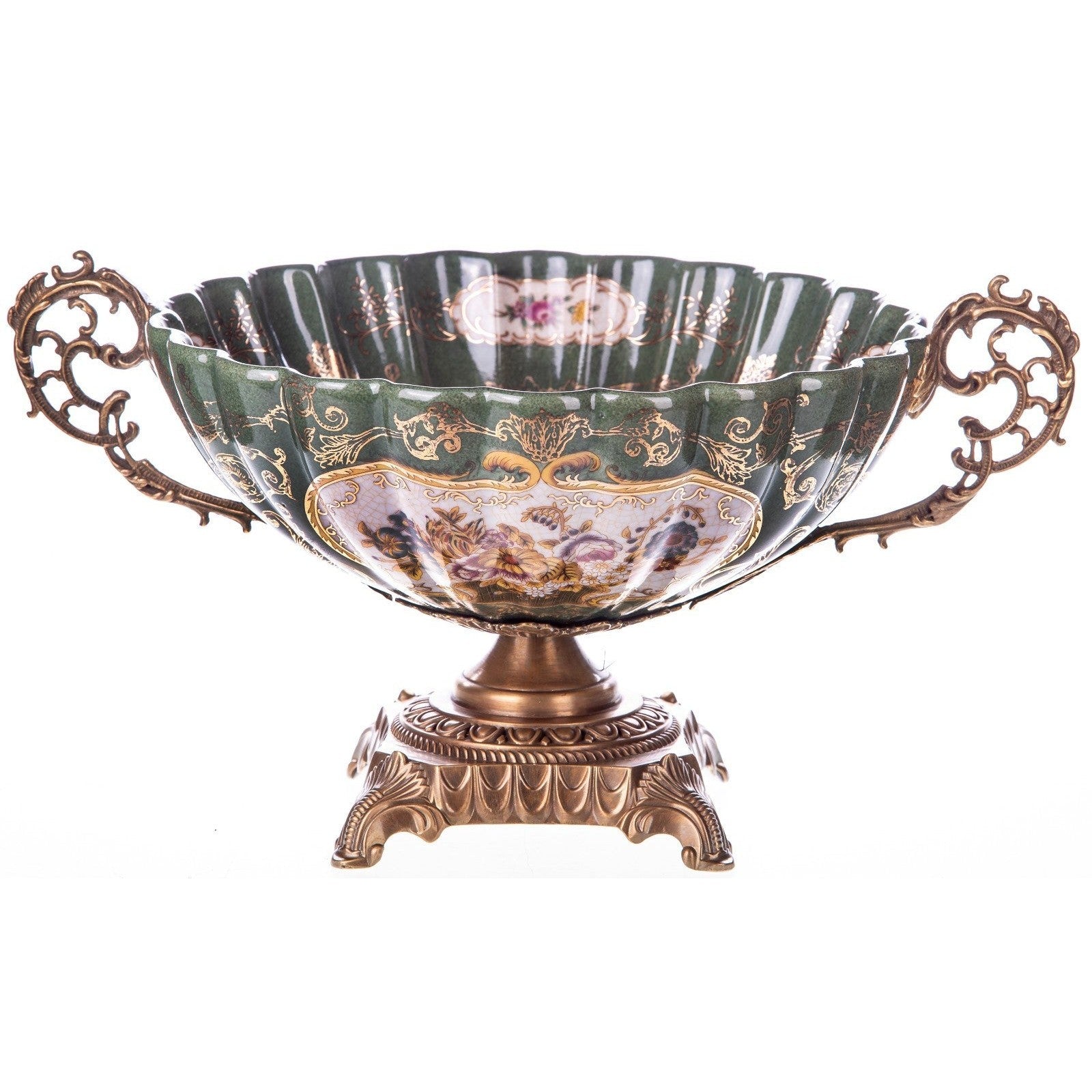 Ornate Green Decorative Bowl with Classical Scene and Bronze