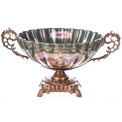 Ornate Green Decorative Bowl with Classical Scene and Bronze