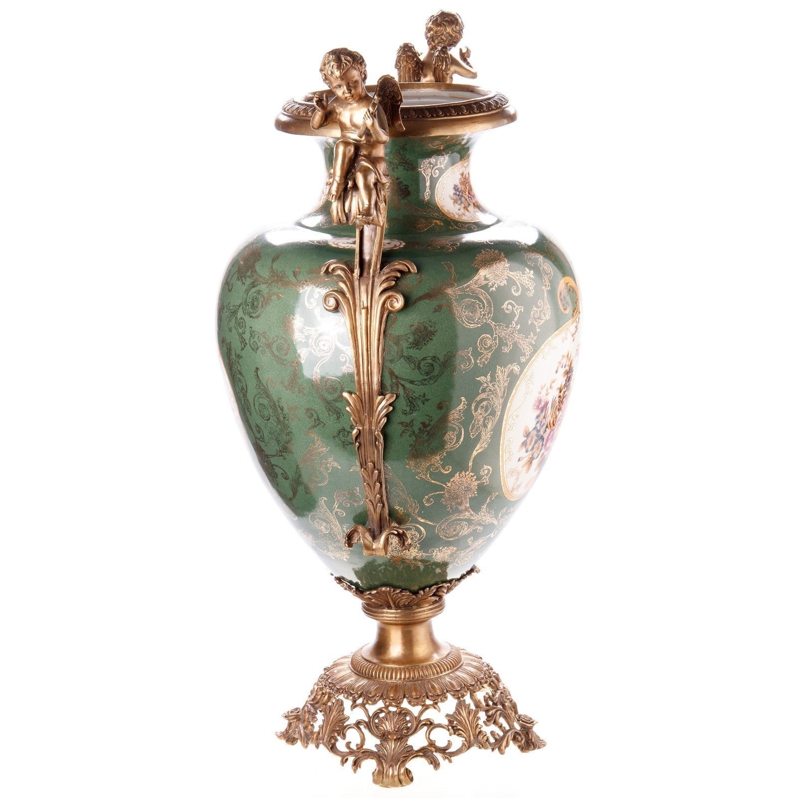 Ornate Green Porcelain Vase with Cherub Handles | Vases & Bowls