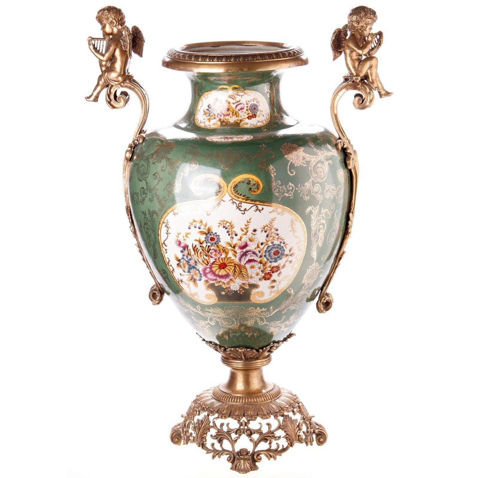 Ornate Green Porcelain Vase with Cherub Handles | Vases & Bowls