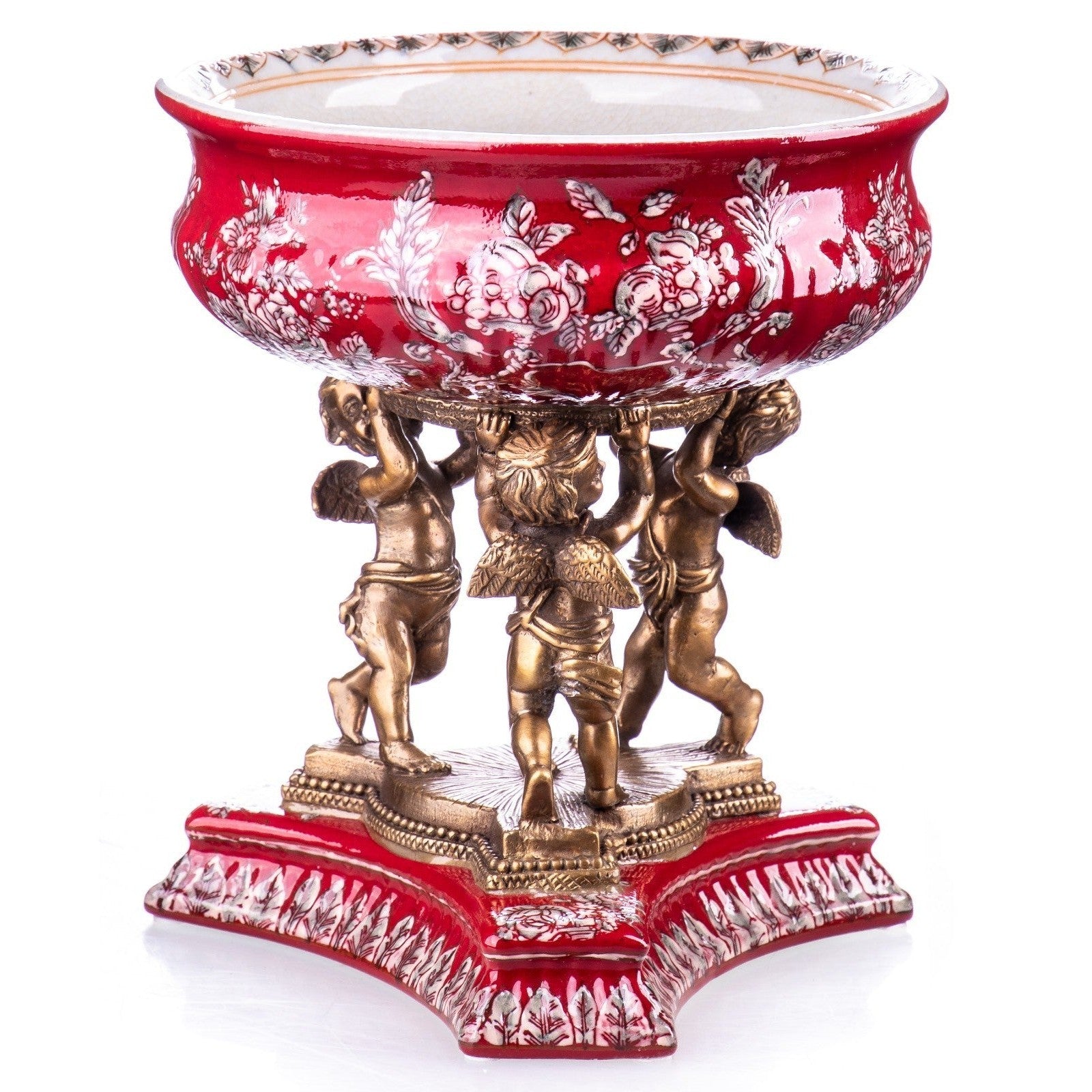 Ornate Red Porcelain Bowl with Bronze Cherub Pedestal | Vases & Bowls