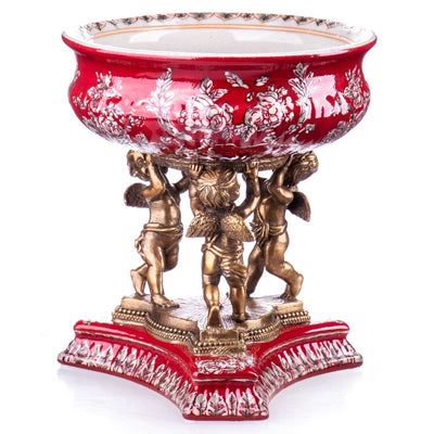 Ornate Red Porcelain Bowl with Bronze Cherub Pedestal | Vases & Bowls