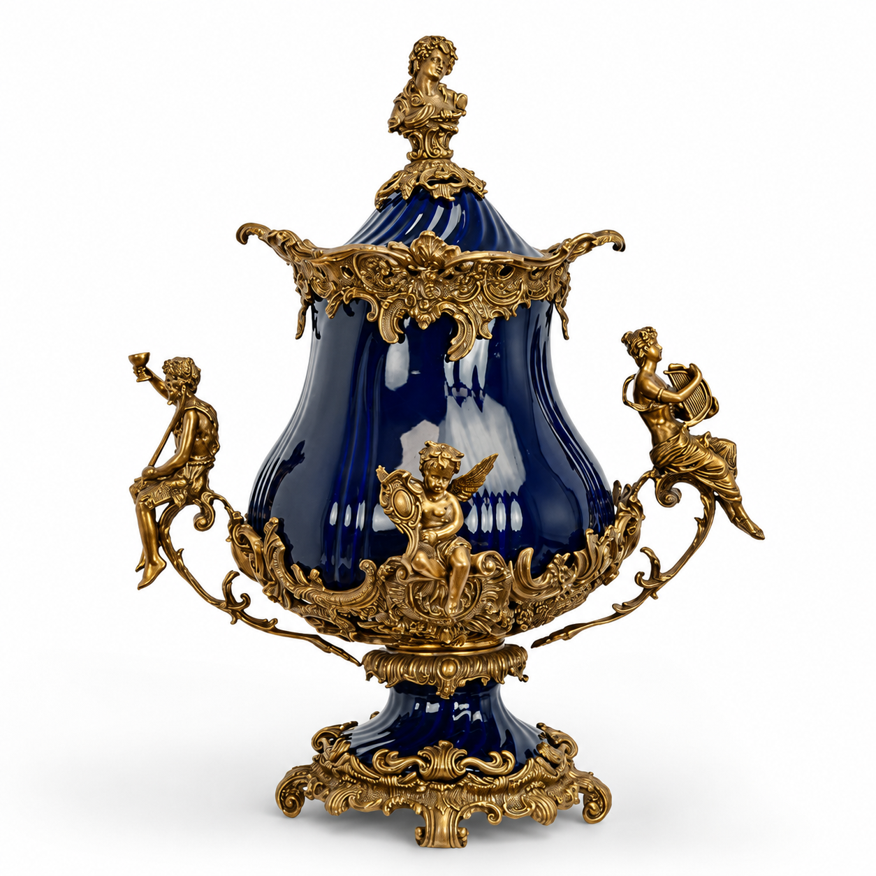 Cherub Mounted Cobalt Urn | Handcrafted Porcelain Decor | Gift Idea