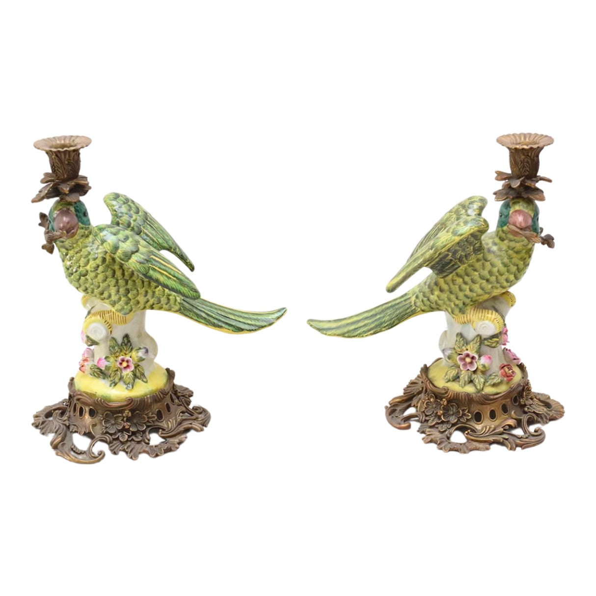 Pair of Brass Mounted Porcelain Parrot Candle Holders | Lighting
