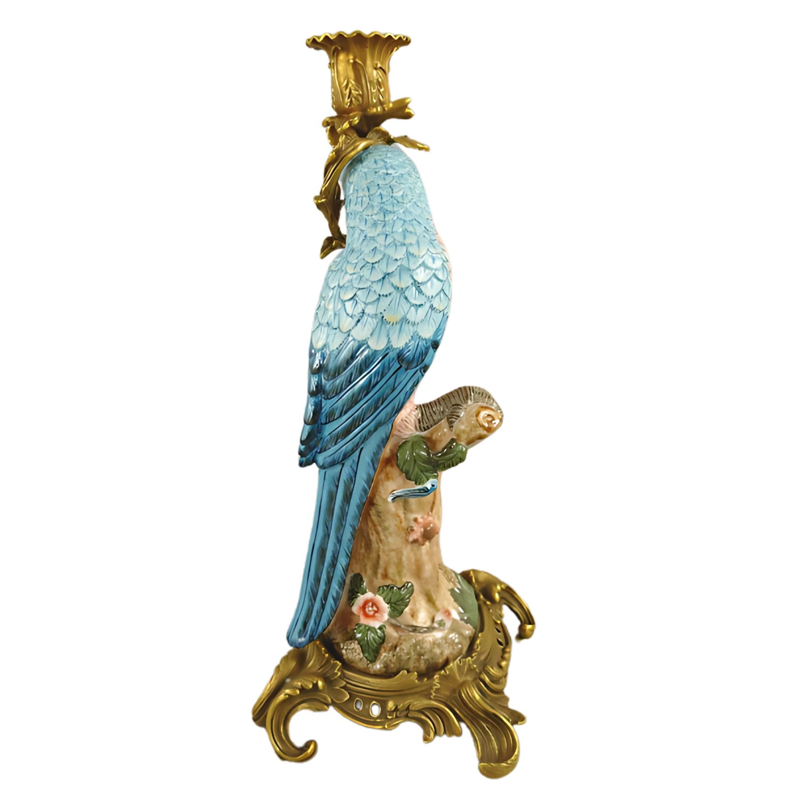 Pair of Brass Mounted Porcelain Parrot Candle Holders | Lighting
