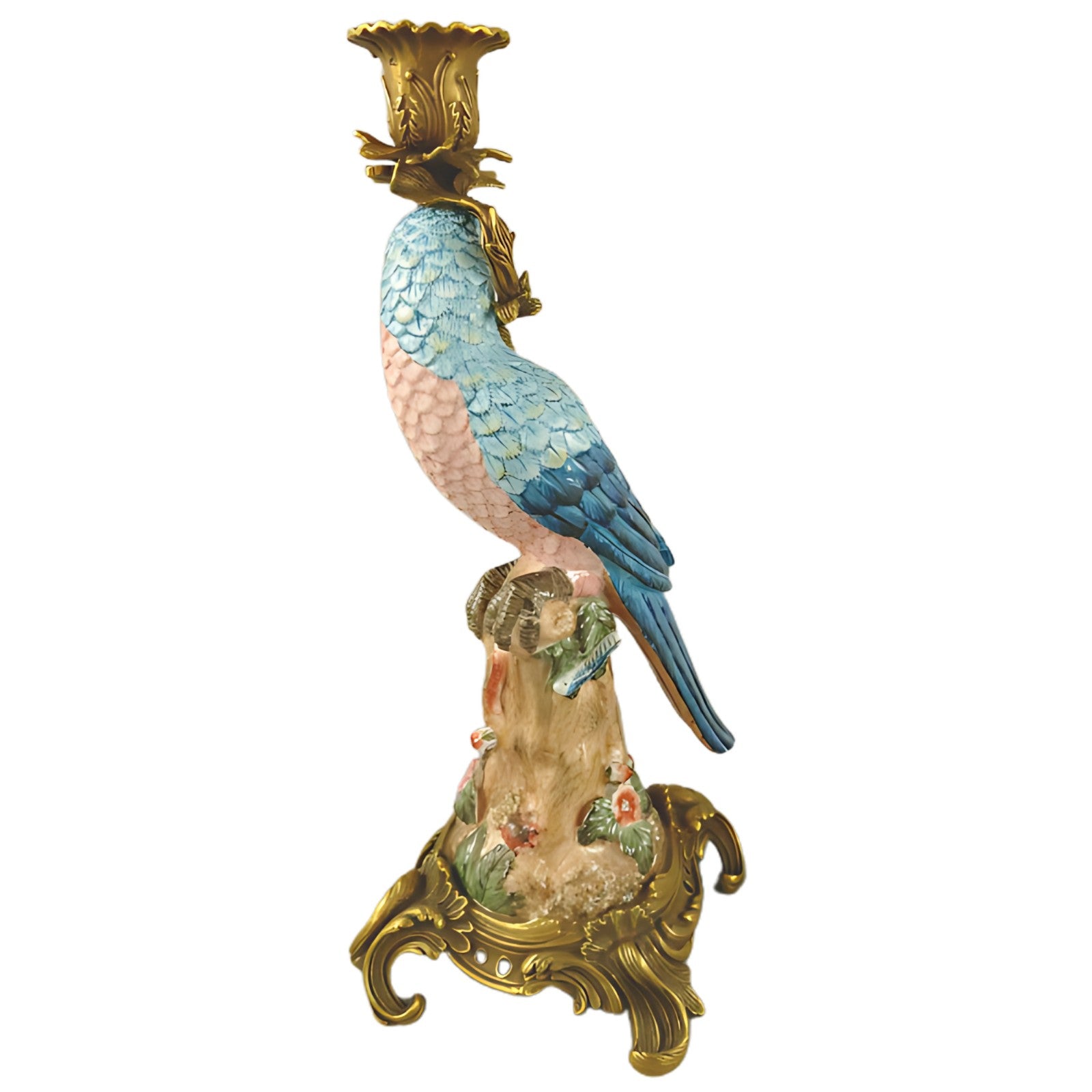 Pair of Brass Mounted Porcelain Parrot Candle Holders | Lighting