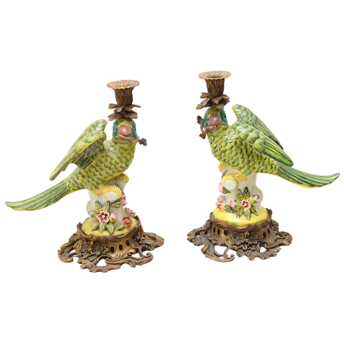 Pair of Brass Mounted Porcelain Parrot Candle Holders | Lighting