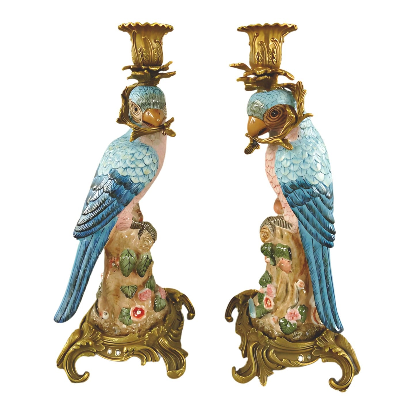 Pair of Brass Mounted Porcelain Parrot Candle Holders | Lighting