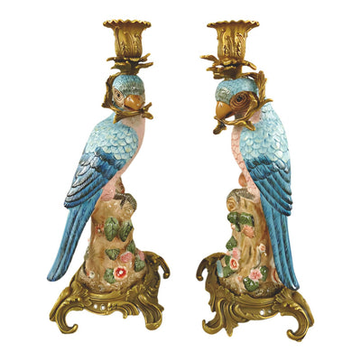 Pair of Brass Mounted Porcelain Parrot Candle Holders | Lighting
