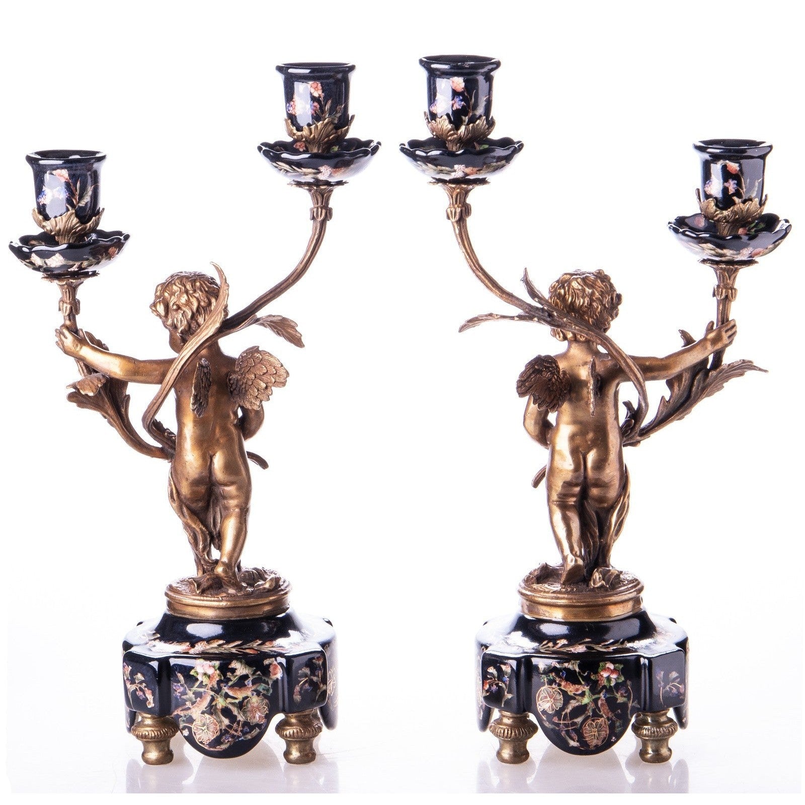 Pair of Bronze Cherub Candelabras with Black Floral Porcelain