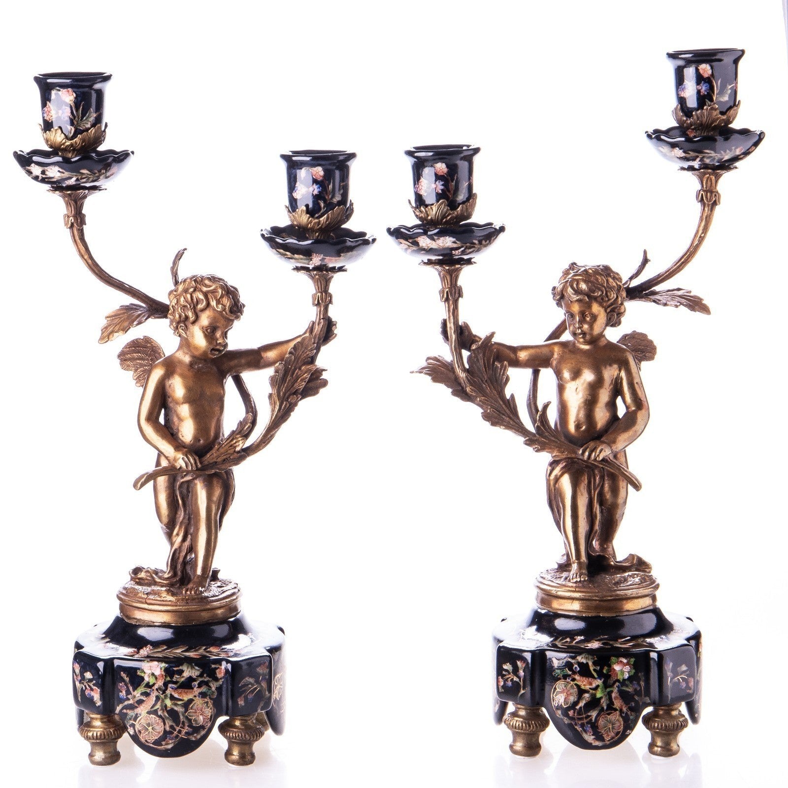 Pair of Bronze Cherub Candelabras with Black Floral Porcelain