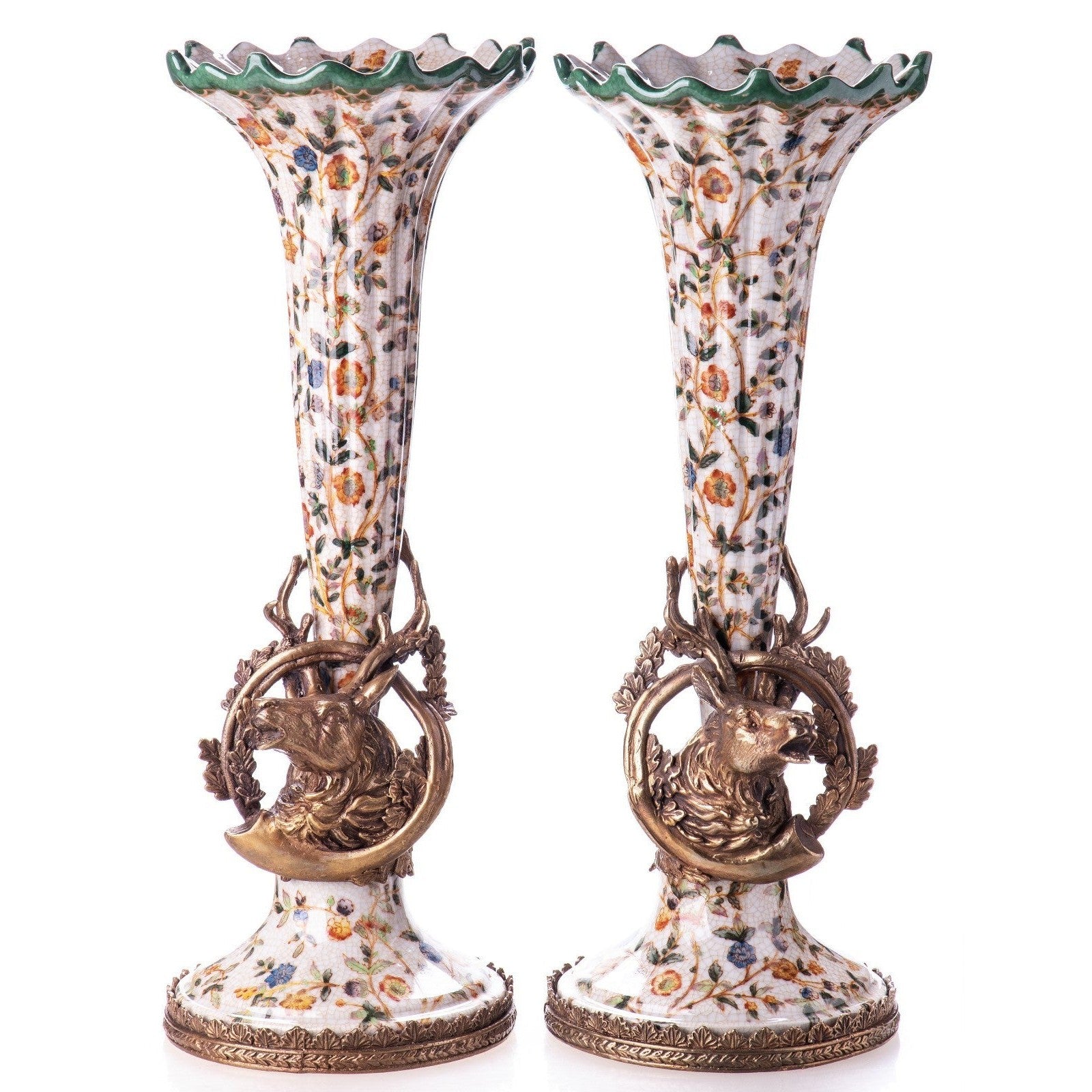 Pair of Floral Porcelain Vases with Bronze Deer Head Accents