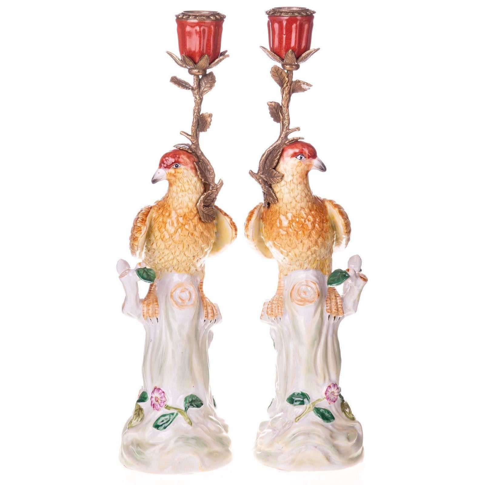 Pair of Hand-Painted Porcelain Bird Candlesticks | Lighting