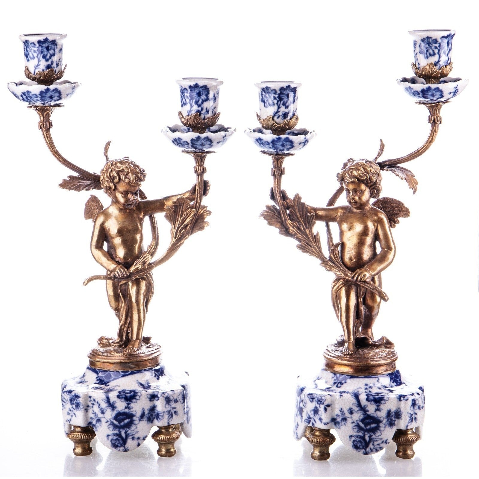 Pair of Vintage Cherub Candelabras with Blue Floral Porcelain and