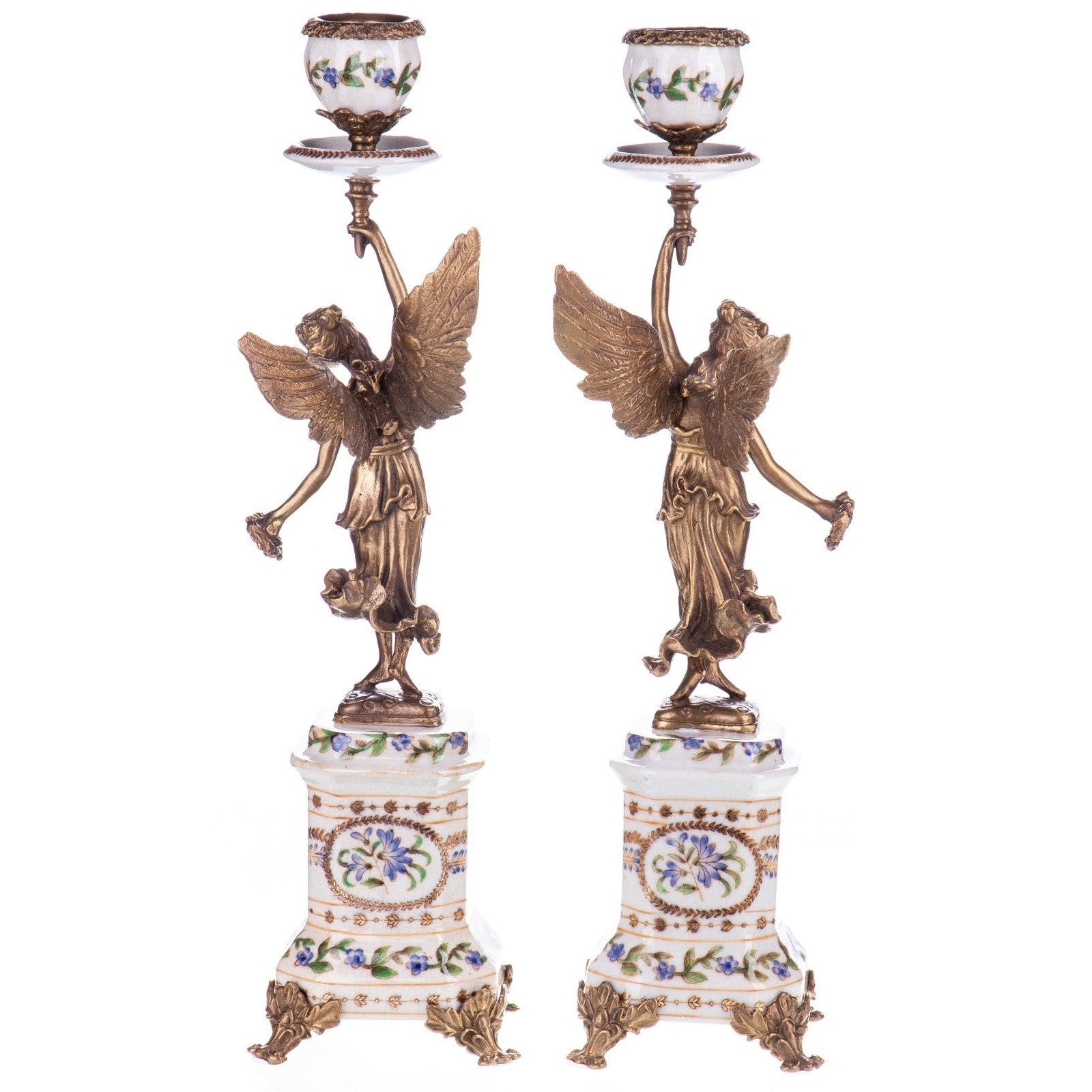 Pair of Winged Bronze Candle Holders on Floral Porcelain Bases