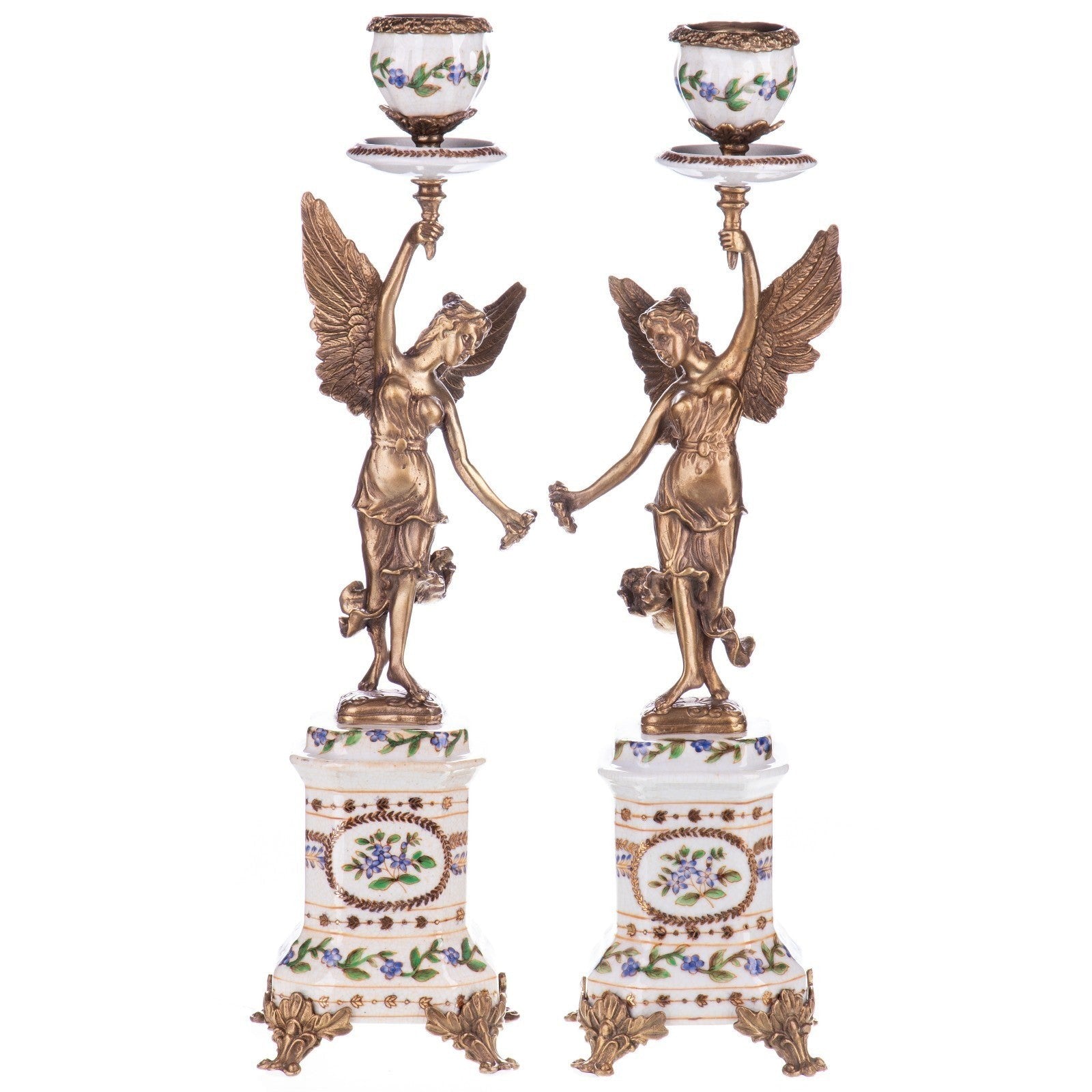 Pair of Winged Bronze Candle Holders on Floral Porcelain Bases