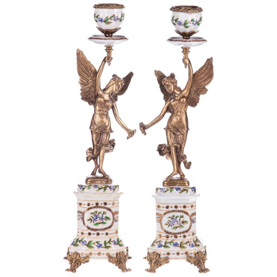 Pair of Winged Bronze Candle Holders on Floral Porcelain Bases