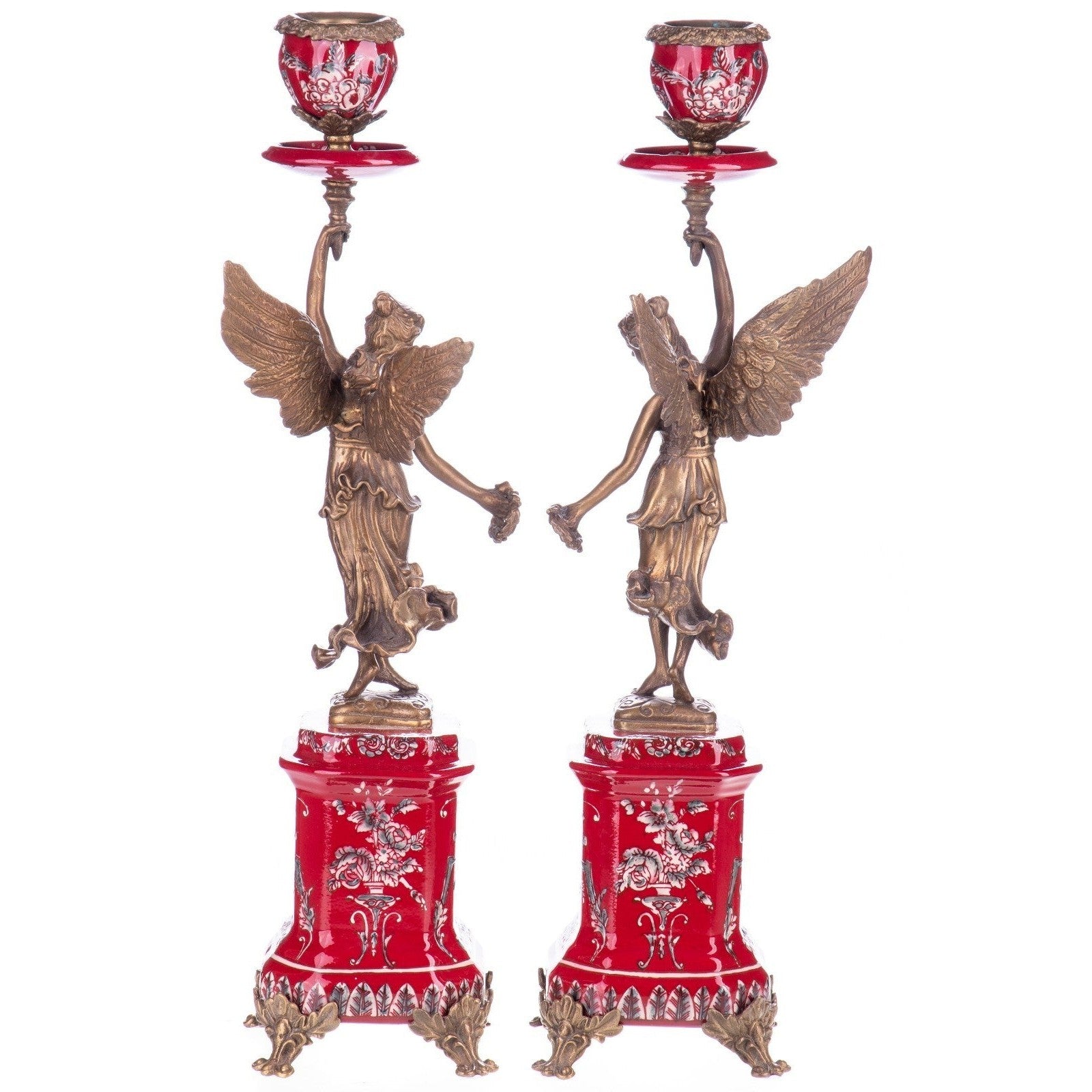 Pair of Winged Bronze Candle Holders on Red Porcelain Bases
