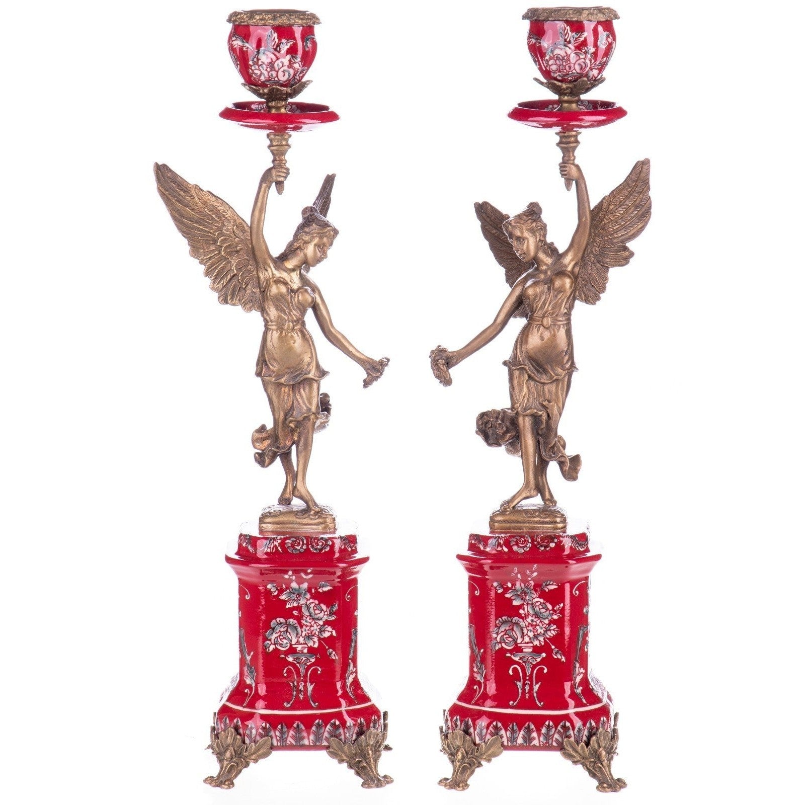 Pair of Winged Bronze Candle Holders on Red Porcelain Bases