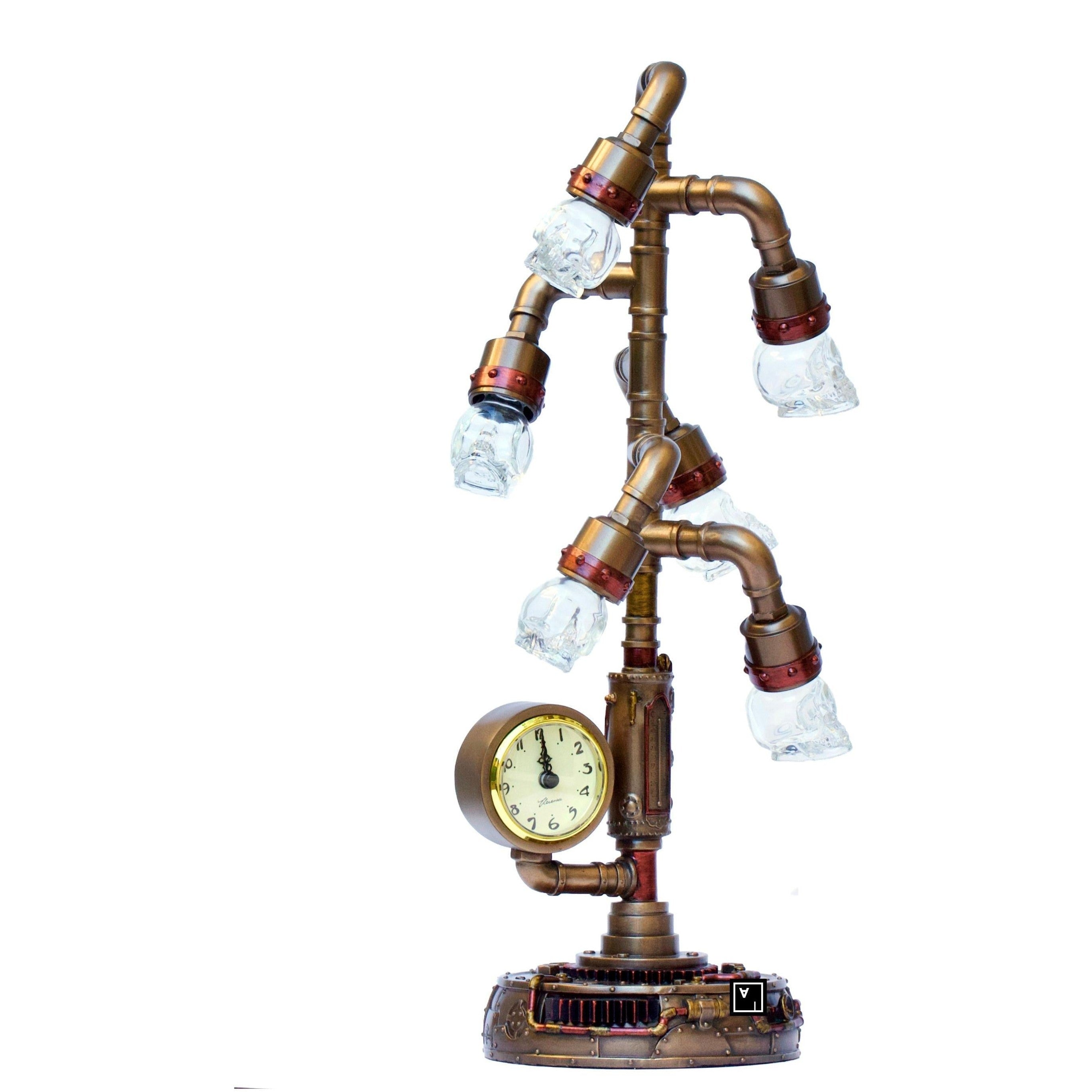 Pipework Clock Stand With Skull Bulb (LED) | Clocks | Home Decor
