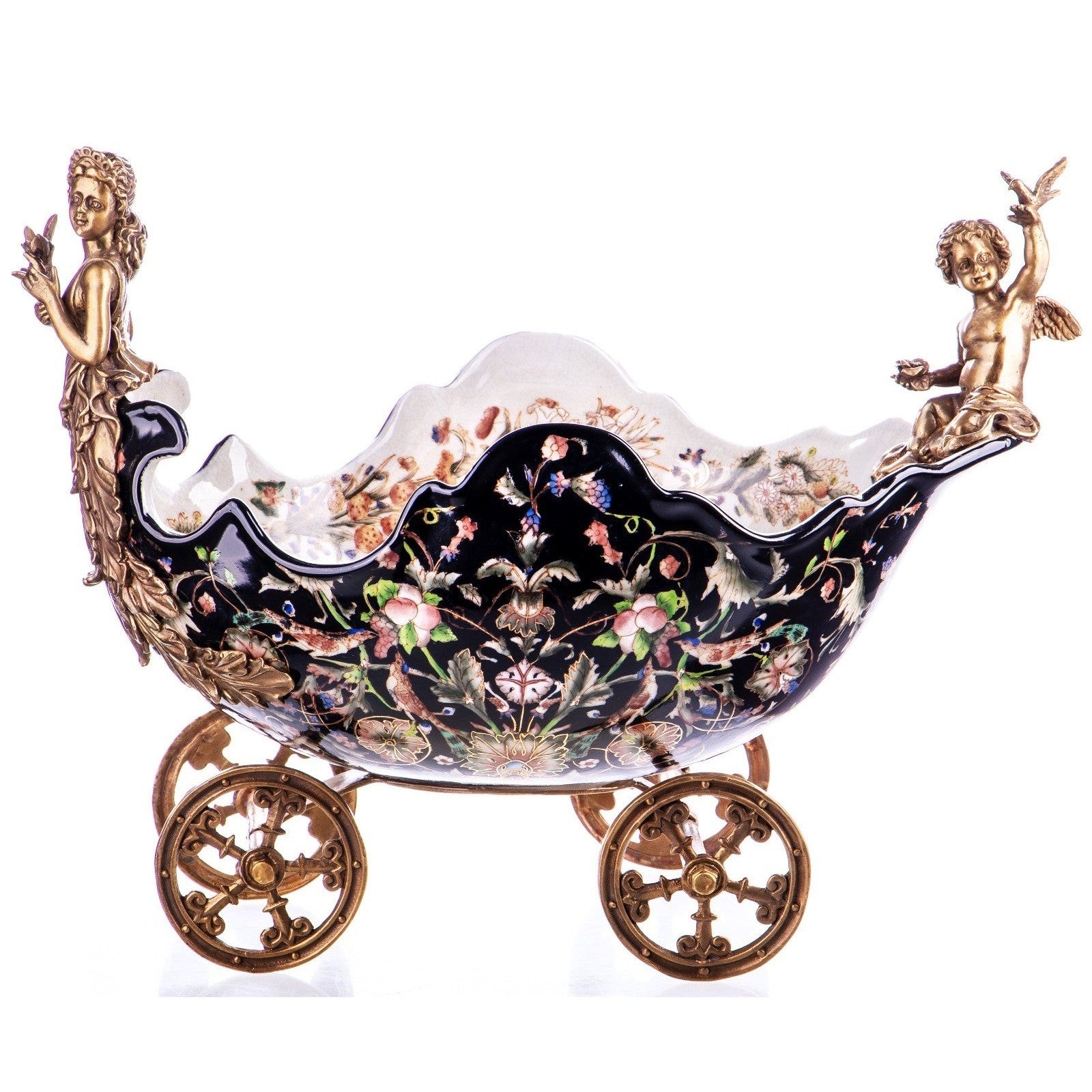 Porcelain Bowl with Bronze Cherub & Maiden Figures on Wheels