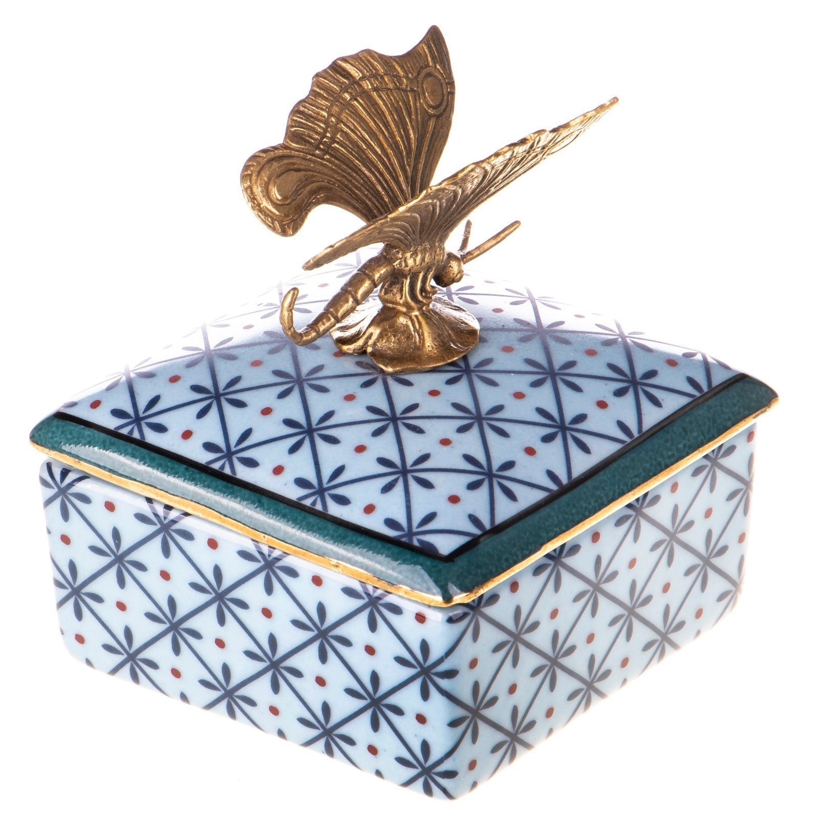Porcelain Box with Brass Butterfly Handle | Animal Sculptures