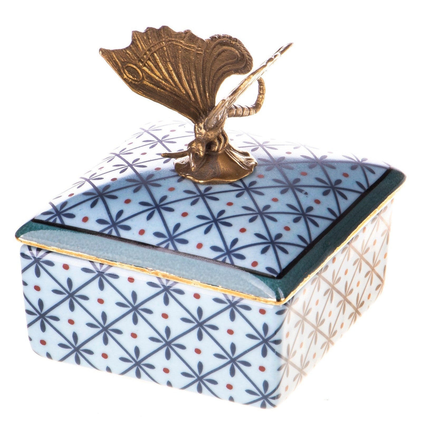 Porcelain Box with Brass Butterfly Handle | Animal Sculptures