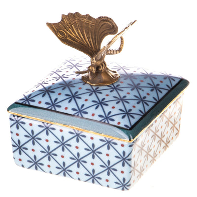 Porcelain Box with Brass Butterfly Handle | Animal Sculptures