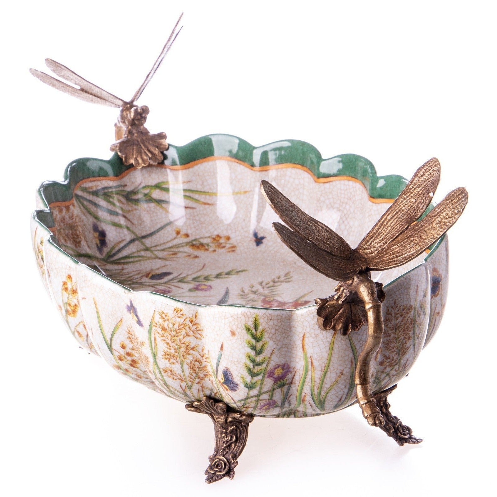 Porcelain Centerpiece Bowl with Bronze Dragonfly Handles