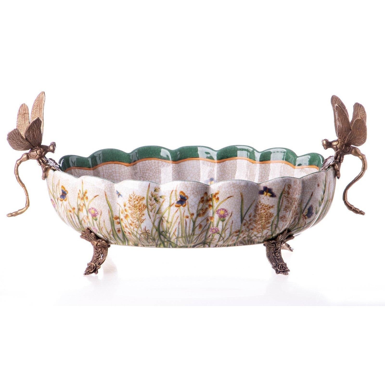 Porcelain Centerpiece Bowl with Bronze Dragonfly Handles
