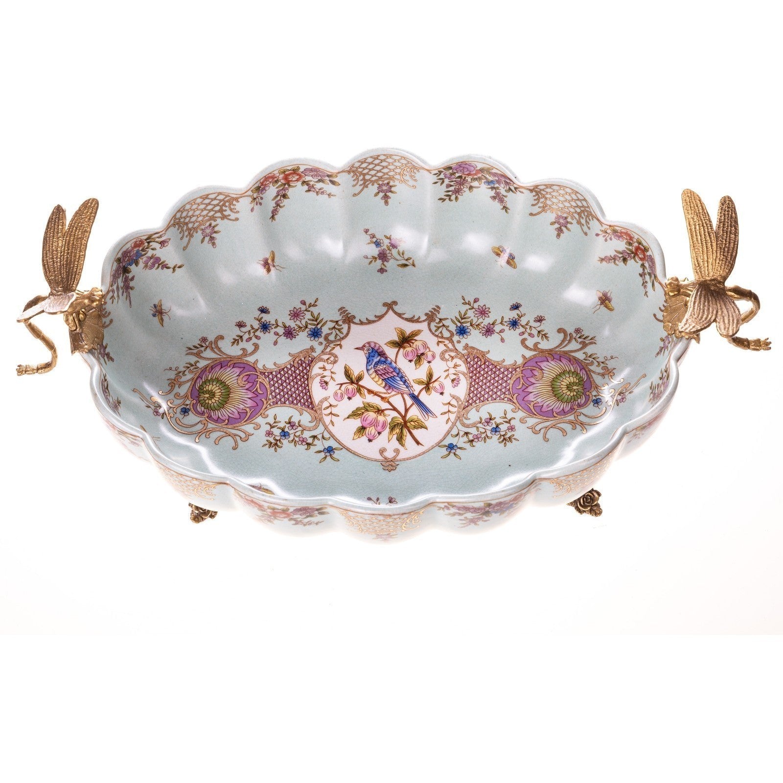 Porcelain Centerpiece Bowl with Gilded Insect Handles and Floral